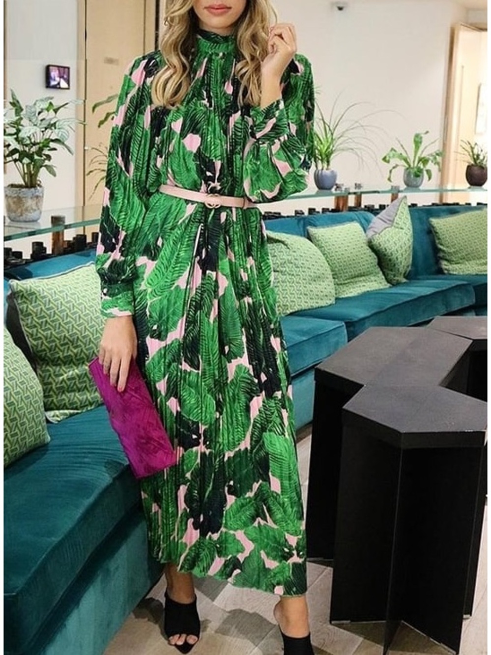 Beulah Tropical Green & Pink Leaf Print Pleated Maxi Dress - Picture 11 of 11